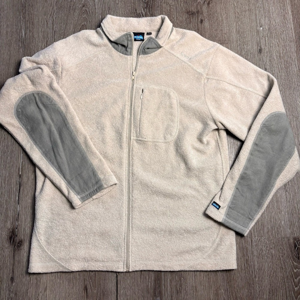 Kavu Jacket Mens M Fleece Stone Beige Full Zip Elbow Patch Mock Neck Logo